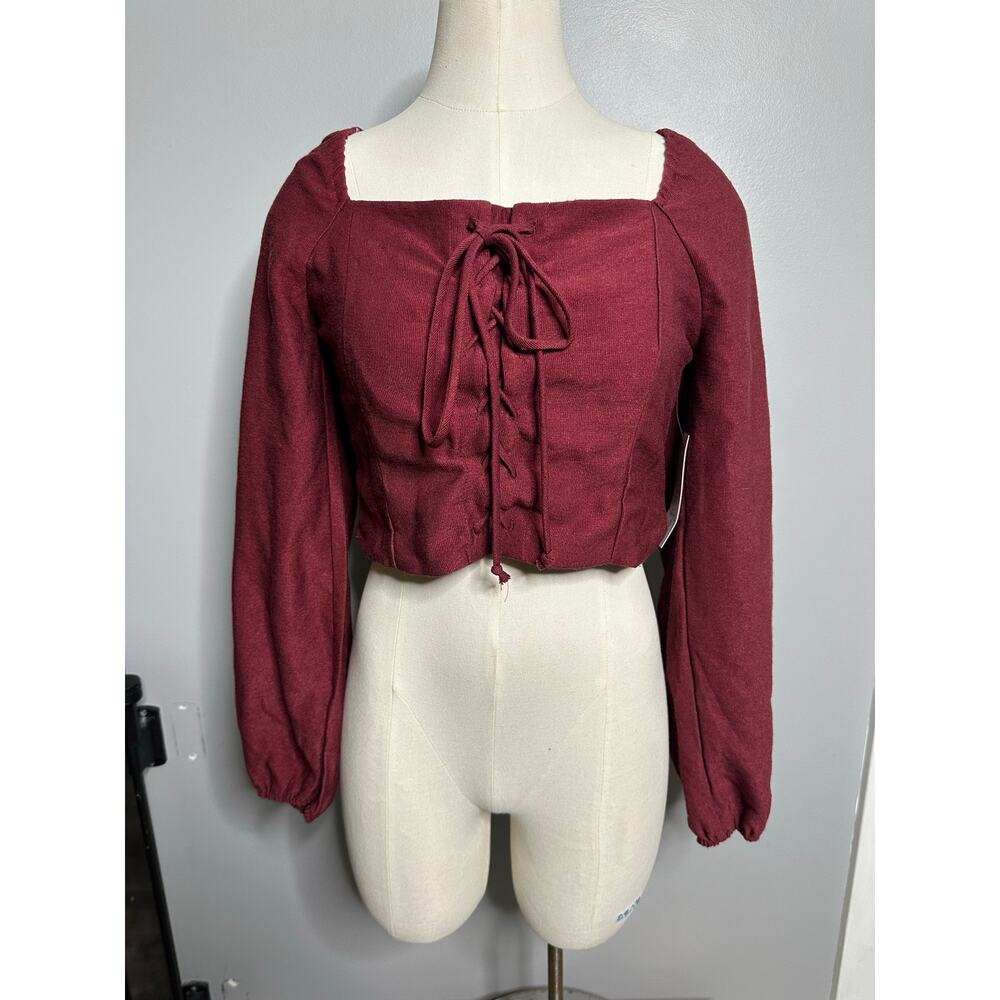Kirious LA Burgundy Ribbed Lace-Up Crop Top Smocked Peasant Blouse Large - Picture 2 of 16